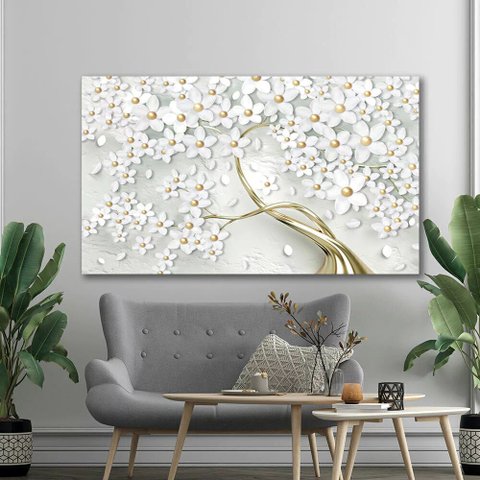 Quadro Decorativo para Sala Quarto Hall Abstrato Cerejeira Luxo Grande Decoração Branco e Dourado
