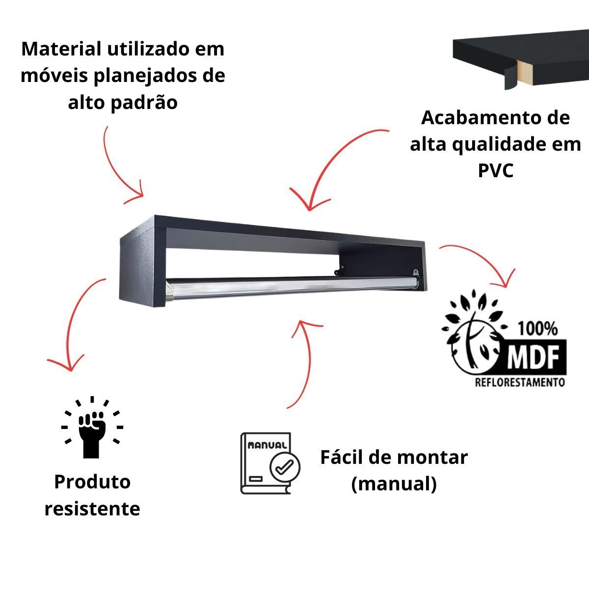 Cabideiro de Parede Arara para Roupas Closet Mdf Quarto Loja:preto/2 Cabideiros - 3