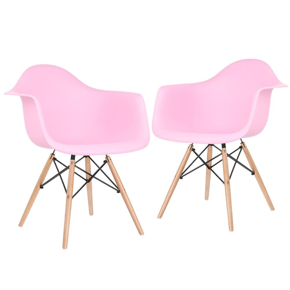 KIT - 2 x cadeiras Charles Eames Eiffel DAW com braços - Base de madeira clara - Rosa