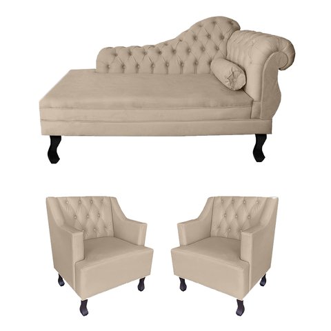 Sofá Divã + 2 Poltronas Capitonê para Consultório e Clínica Psicanálise - Veludo - Sv Decor:bege