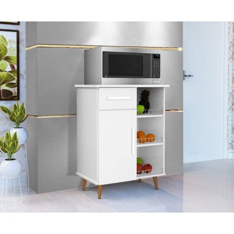 Balcão Cristal para Cozinha – Fruteira com Gaveta, Porta e Suporte para Micro-ondas Branco