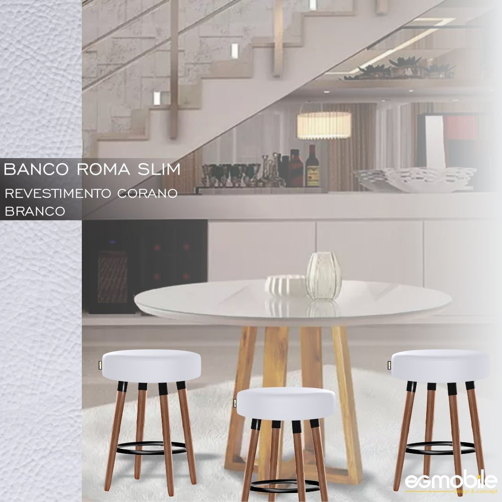 Kit 3 Bancos Para Cozinha Roma Slim Redondo 50 cm EGMOBILE Branco Corano - 2