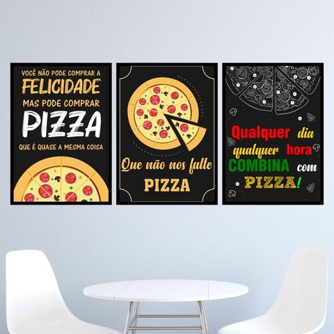 Kit 3 Quadros Frases Pizza 45x34cm - com vidro:Madeira preta