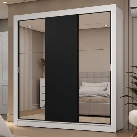 Guarda-roupa Casal 3 Portas de Correr com Espelhos 2 Gavetas Branco/preto Sublime Madesa