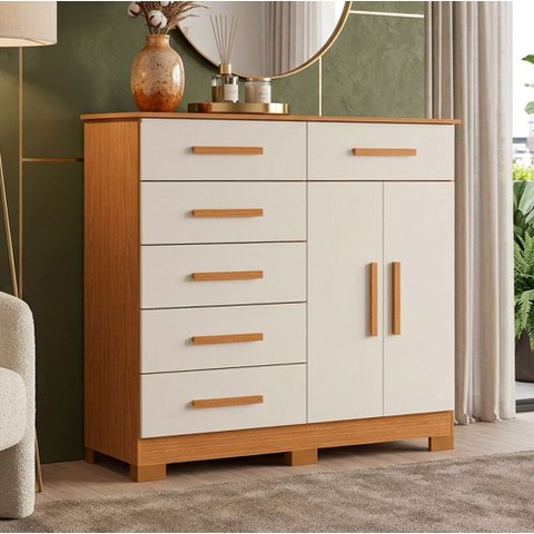 Cômoda Sapateira para Quarto 2 Portas 6 Gavetas Potenza A04 Cinamomo Off White - Lyam Decor