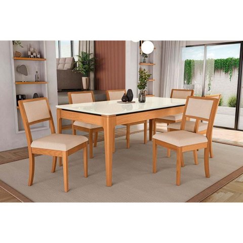 Conjunto Mesa Mira Premium Madeira Maciça C/ Tampo Madeirado C/ Vidro 200x100cm e 6 Cadeiras Alice
