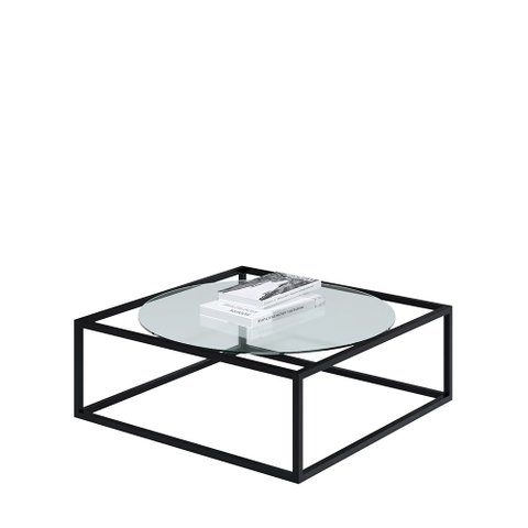 Mesa De Centro Sala 84x84x35cm Aço Preto e Vidro Industrial Moon Don Castro Decor