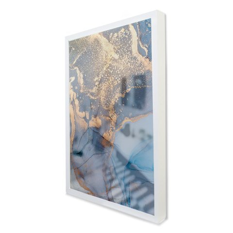 Quadro Decorativo Caixa Alta com Vidro Abstrato Mármore Azul Perolado TaColado Moldura Branca 90 x 6