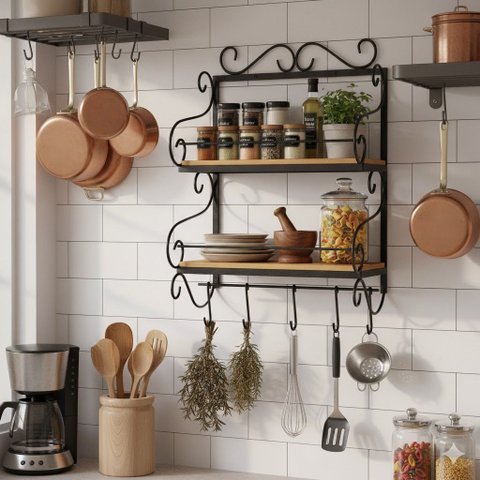 Prateleira 2 Andares Rústica Porta Tempero e Condimento de Parede Cozinha Luxuosa