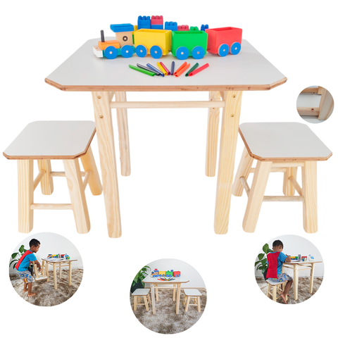 Conjunto Mesa Mesinha com 2 Bancos Banquetas Banquinhos de Madeira para Crianças