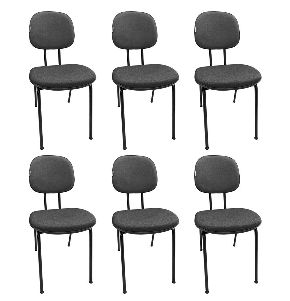 Kit 6 Cadeiras de Escritório Secretaria Fixa Pé Palito Tecido JSerrano Cinza Preto para Recepção