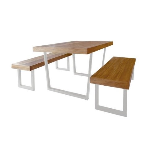 Conjunto Mesa Industrial Lanna 2,50m Ferragem Branca com 2 Banco Industrial Lanna