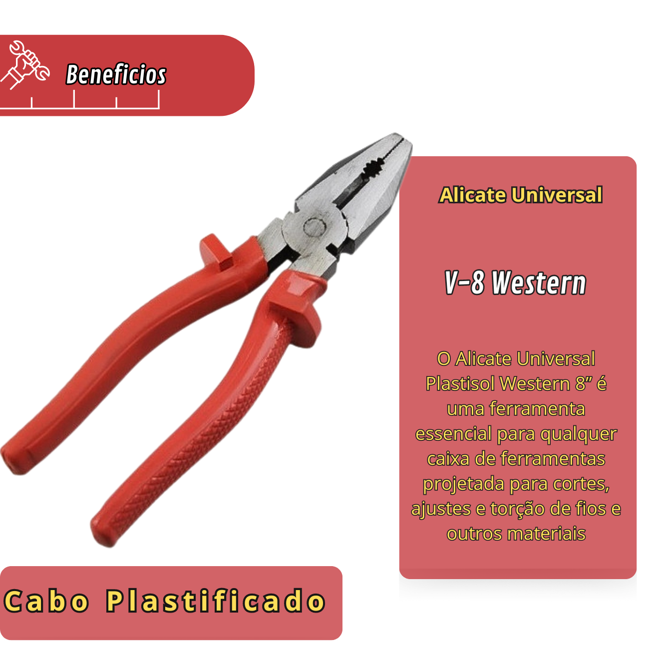 Alicate Universal Western 8" Cabo Vermelho Plastisol - Ferramenta Durável - 2