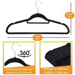 Kit com 10 Cabides Slim de Veludo - Organização e Sofisticação Cor:preto - 7