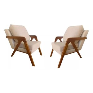 Conjunto 2 Poltronas Decorativa Mona Luxo para Sala Estar e Recepção Pés Madeira Maciça Linho Bege