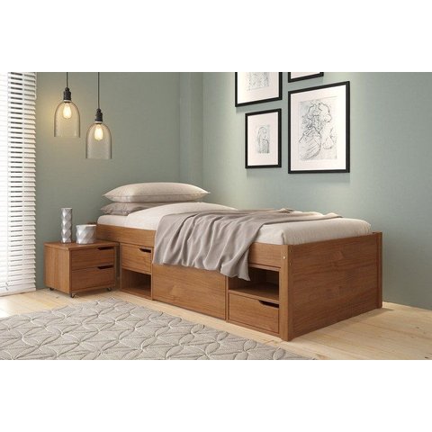Cama Solteiro com 3 Gavetas e 1 Mesa de Cabeceira Charme Marrom/Amendoa