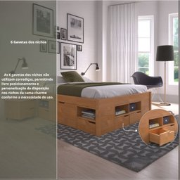 Cama Casal Multifuncional Madeira Maciça 6 Gavetas Charme - 3