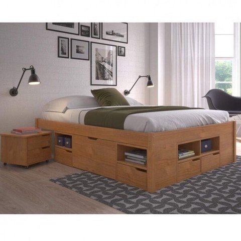 Cama Queen Multifuncional Madeira Maciça 6 Gavetas Charme Inter Marrom/Amendoa