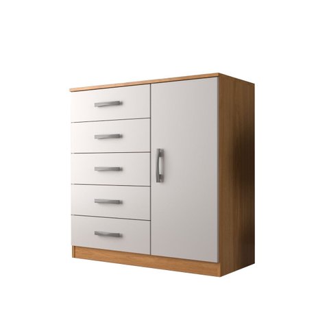 Cômoda 5 Gavetas 1 Porta Armazenamento Compacta Multiuso Moderna Quarto Cor Cinamomo Branco