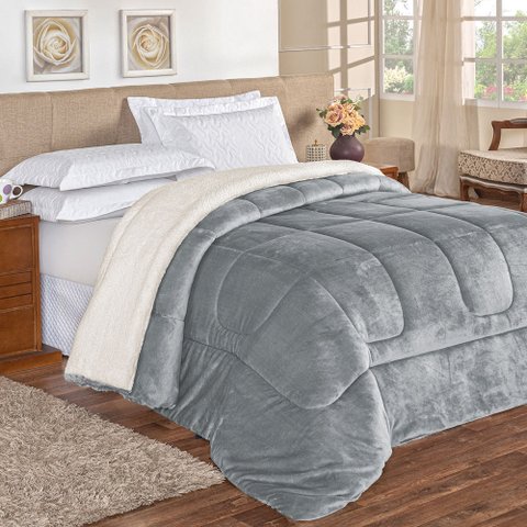 Coberdrom Apollo Queen Sherpa Pele de Carneiro + Manta Flannel 1 Peça - Cinza