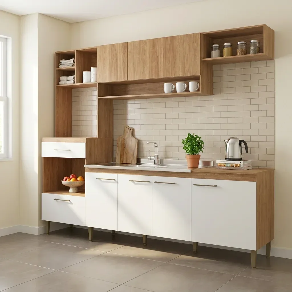 Cozinha Completa Modulada 5 Peças com Torre Quente e Balcão para Pia sem Tampo 240cm Inova Yescasa Mel/Branco