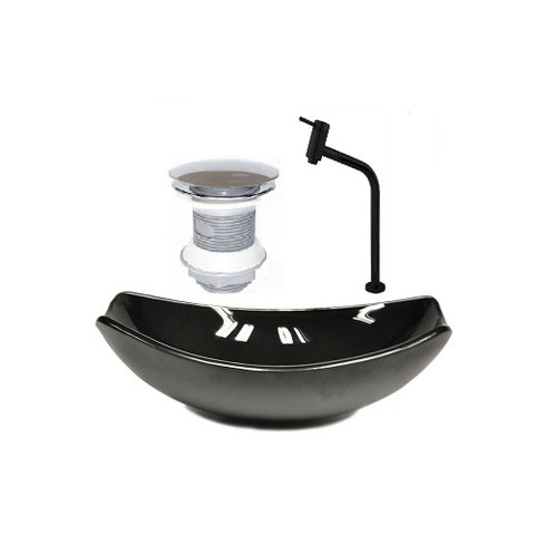 CUBA DE VIDRO OVAL CHANFRADA 51CM PRETA + VALVULA + TORNEIRA PRETA