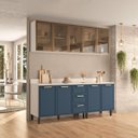 Ver imagem 1 de Cozinha Amara 200x224,5cm Armários Aéreos Porta Vidro Balcões com Tampo Branco/Azul 250787