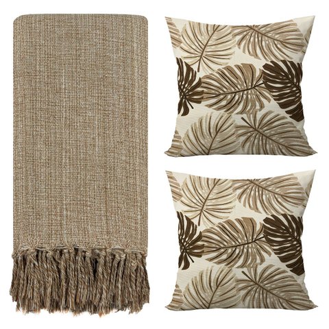 Kit 1 Manta para Sofá 2,40 X 1,80 + 2 Capas de Almofada Cor:caramelo-bege