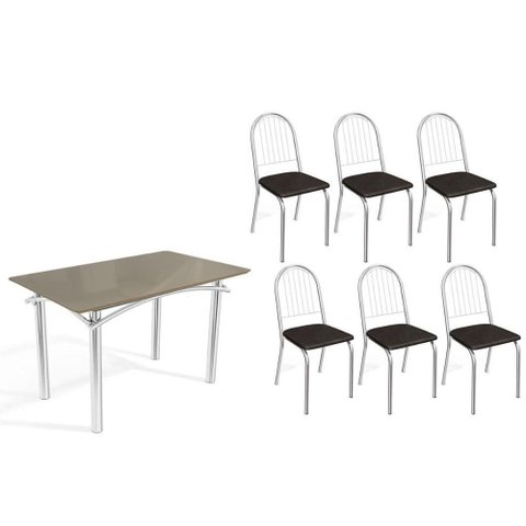 Sala de Jantar Completa Elba Tampo Madeirado C/ Vidro 120cm e 6 Cadeiras Noruega Cromada/freijo