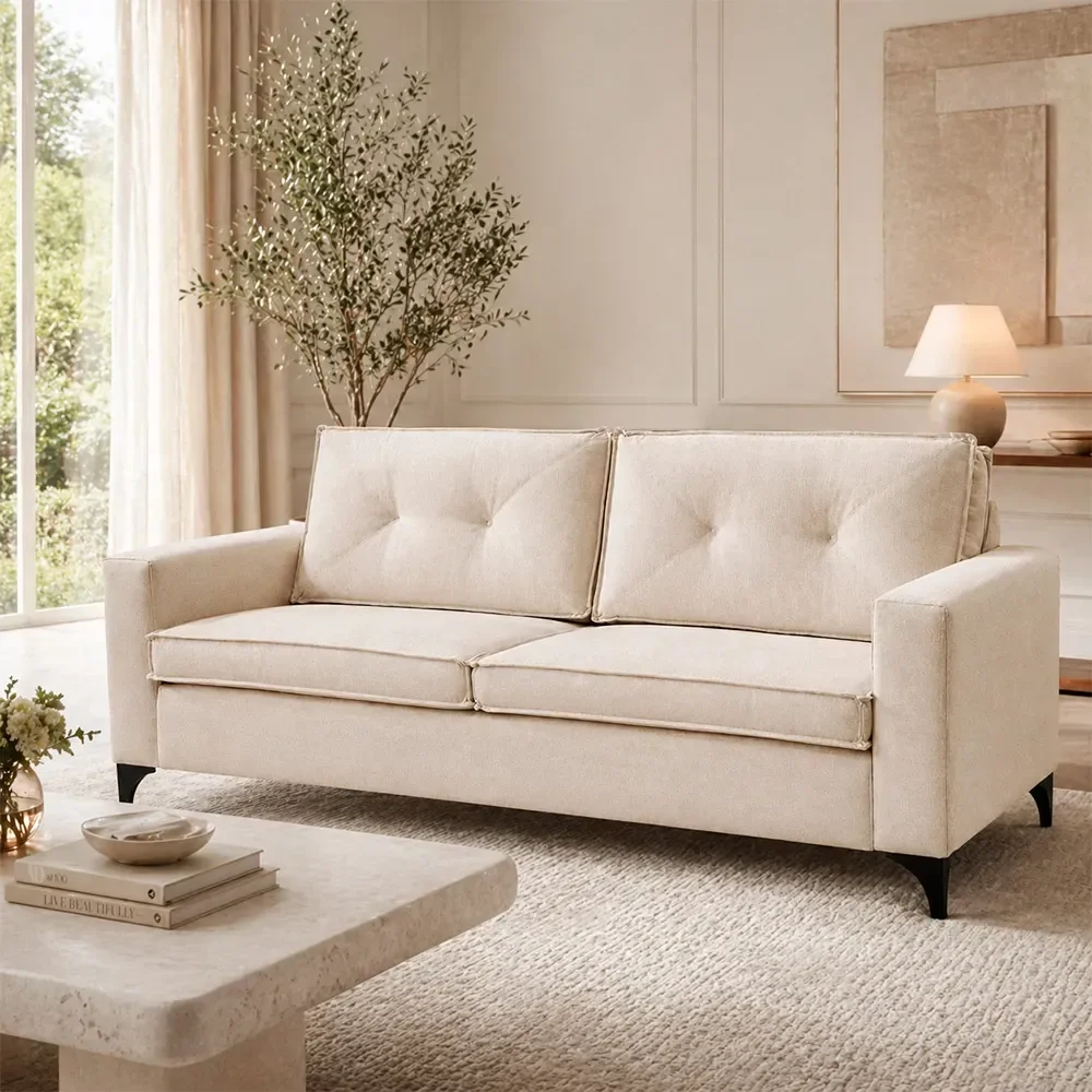 Sofá Sala de Estar Marselha 230cm 3 Lugares Pés em Metal Linho Off White M1 - Monari Design