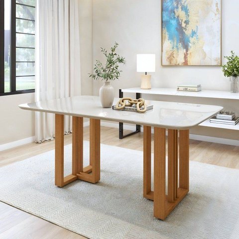Mesa de Jantar 6 Lugares Tampo Vidro e MDF Tessera Off White Amêndoa Clean/Off White