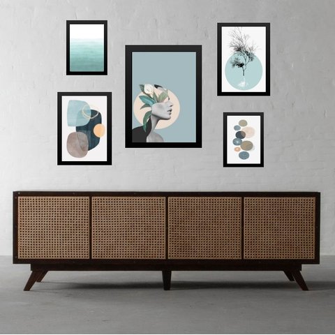 Composição 5 Quadros Modernos Sala Verde Água - com Vidro:madeira Branca