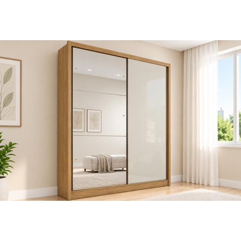 Guarda Roupa Solteiro com Espelho 100% MDF 2 Portas de Correr 3 Gavetas 162cm Thor Plus Cumaru/Fen