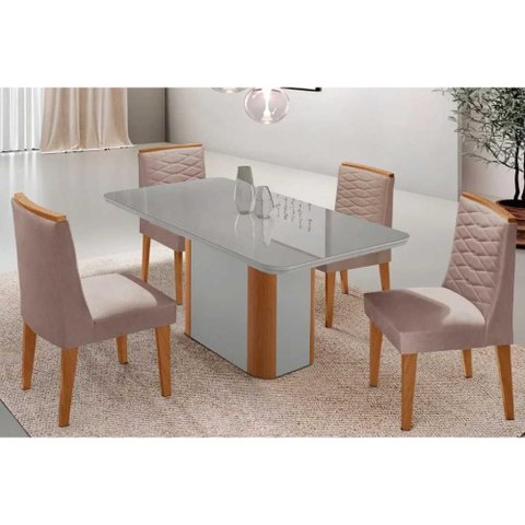 Conjunto: Mesa Sala Jantar Pietá Tampo c/ Vidro Curvo 120cm+4 Cadeiras Maldivas Naturale/Off White