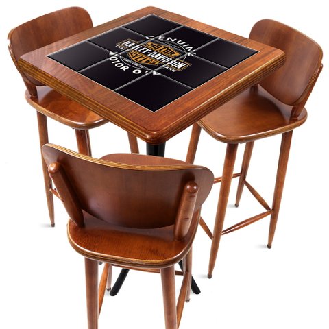 Conjunto Mesa Madeira Azulejo 60x60cm - Bistrô Fixa 98cm + 3 Banquetas 73 - Natural - Harley Davidson Genu
