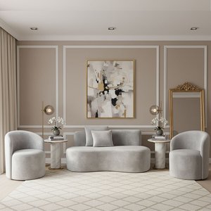 Conjunto Decorativo 02 Poltronas + Sofá Curvo Orgânico Nature Gaia Veludo Cinza Claro - Montanaris D