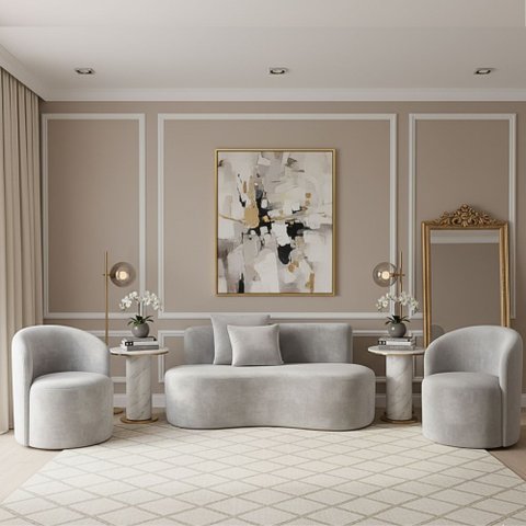 Conjunto Decorativo 02 Poltronas + Sofá Curvo Orgânico Nature Gaia Veludo Cinza Claro - Montanaris D