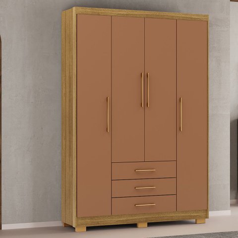 Guarda Roupa Solteiro Linna 150cm 4 Portas de Bater 3 Gavetas Nature/terracota G98 - Gran Belo