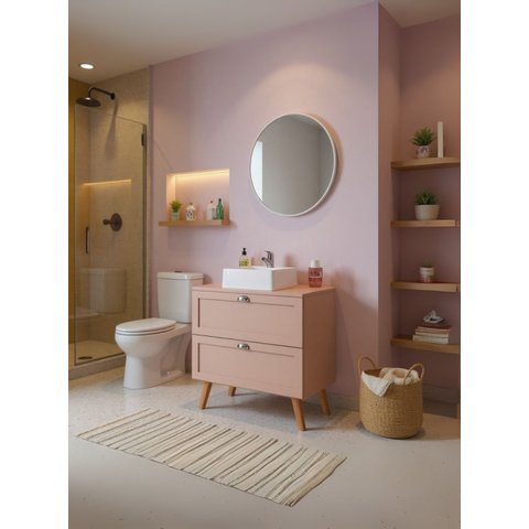 Gabinete para Banheiro com Tampo Cuba e Espelho Redondo 80cm Retro Mdf Rosa Milano - On Móveis