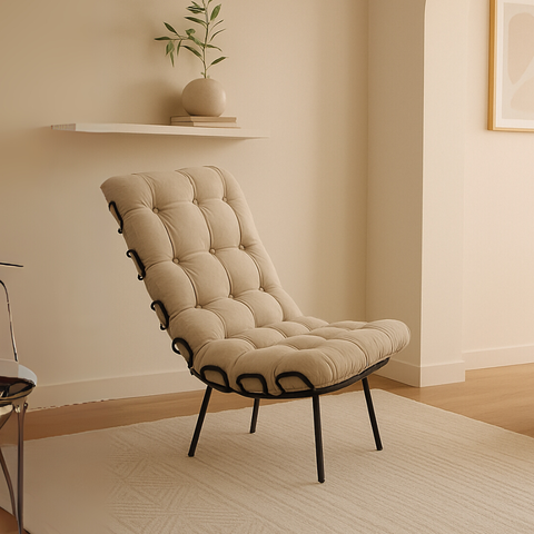 Poltrona Costela Decoração Sala de Estar Estofada Confortável Veludo Bege