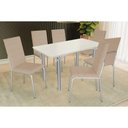 Ver imagem 1 de Conjunto: Mesa Sala Jantar Elba Tampo Madeirado C/ Vidro 160cm e 6 Cadeiras Amsterdã Cromada/off