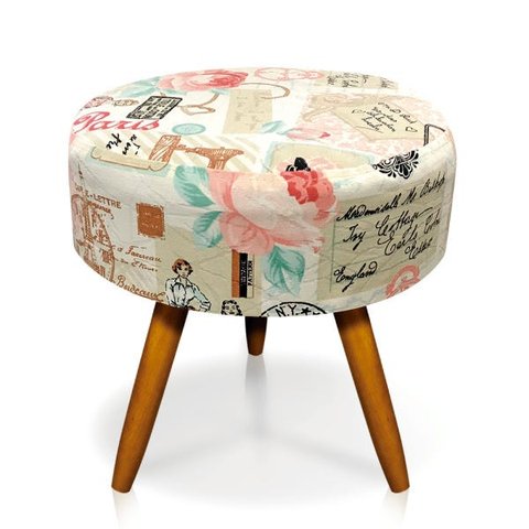 Puff Larissa Estampado Retrô Rosa D61 Pés Palito Castanho