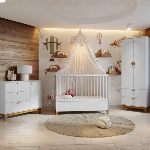 Conjunto Quarto de Bebê Completo Americano Magia 3 Peças Guarda- Roupa/ Berço Cama Americano/ Cômoda