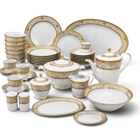 Jogo de Aparelho de Jantar em Porcelana Branco e Dourado 62 Peças 45x63x57cm