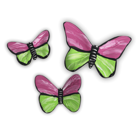 TRIO DE BORBOLETAS DECORAÇÃO CASA E JARDIM PINTADO A MÃO:ROSA/VERDE