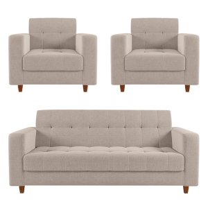 Kit Sofá 3 Lugares e 2 Poltronas Arezzo Linho Areia A27 Pés Chanfrado Castanho