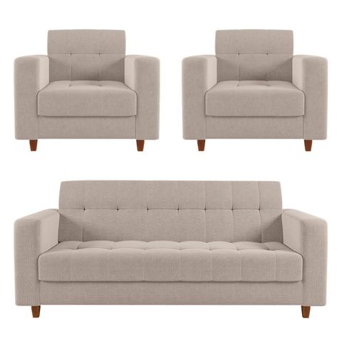 Kit Sofá 3 Lugares e 2 Poltronas Arezzo Linho Areia A27 Pés Chanfrado Castanho