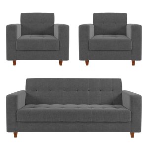 Kit Sofá 3 Lugares e 2 Poltronas Arezzo Linho Grafite A26 Pés Chanfrado Castanho