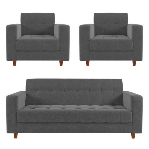 Kit Sofá 3 Lugares e 2 Poltronas Arezzo Linho Grafite A26 Pés Chanfrado Castanho