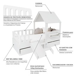 Cama Casinha com Telhado 02 Gavetas Kit Escada e Grades Anatômica Branco Megamobilia - 5